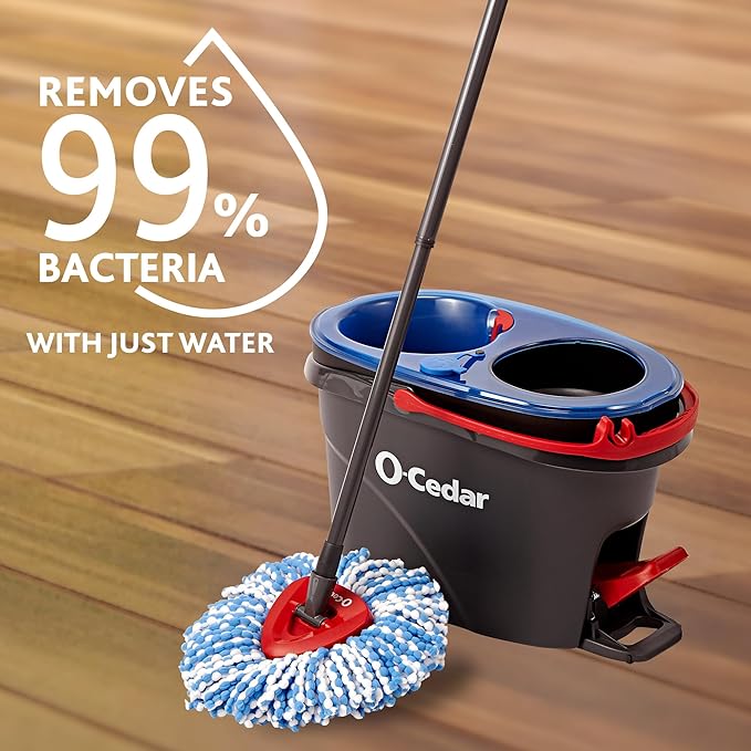 O-Cedar RinseClean Spin Mop & Bucket System + 1 Extra Mop Head | Clean with Clean Water | Removes 99% of Bacteria