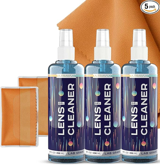 Eyeglass Gel Lens Cleaner Spray Kit - 3 x 8oz Gel Lens Cleaner Spray Bottle + 2 Microfiber Cloth for Cleaning - Safe for All Lenses (AR Coated Included), Eyeglasses and Screens