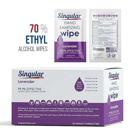 Hand Sanitizing Wipes Travel Size by Singular Wipes – 30ct Individually Wrapped | Lavender Scent, Moisturizing, 70% Alcohol Wipes | Travel, Office, School, Home | Made in USA