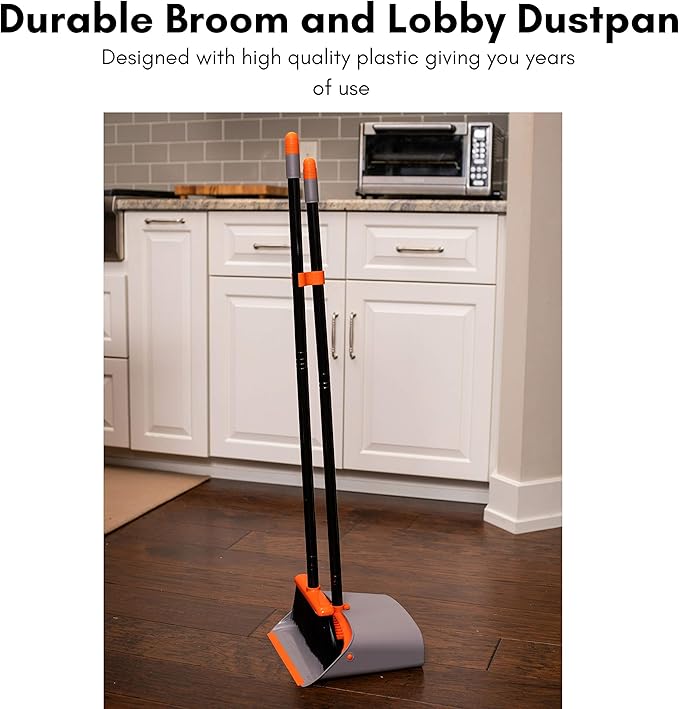 BirdRock Home Broom and Dustpan Set - Lobby Dust Pan - Orange and Grey Durable Set - Indoor or Outdoor - Sweep Combo Great for Kitchen, Home, Garage and Office - Clip On Self Cleaning Bristles