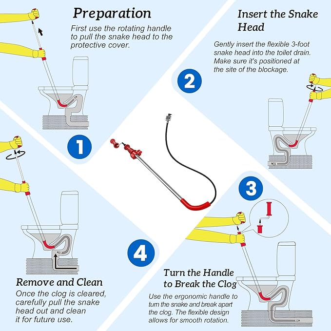 6 Ft Toilet Auger Snake Model K-6P 56658 Toilet Snake for Unclogging with 6-Foot Snake and Bulb Head, Heavy Duty Toilet Auger Snake for Unclogging Toilets for Home, Office, School, More