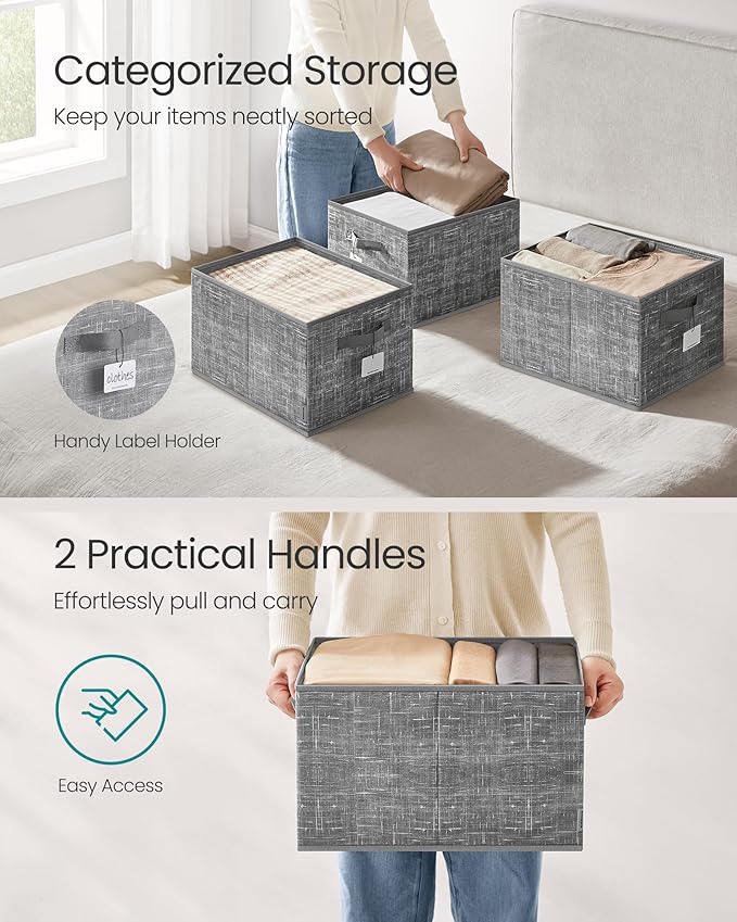 SONGMICS Storage Cubes, 15.7 x 11.8 x 9.5 Inches Non-Woven Fabric Bins with Double Handles, Set of 3, Closet Organizers for Shelves, Foldable, for Clothes, Cattail Gray UROB440G01