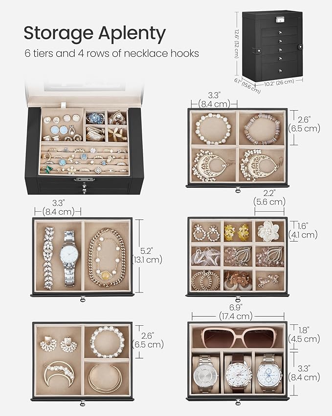 SONGMICS 6-Layer Jewelry Box Organizer with 5 Drawers, Jewelry Storage Case with Lock and Mirror, Large Storage Capacity, Gift for Loved Ones, for Necklaces, Watches, Black UJBC152B01