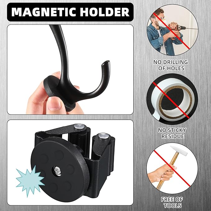 4 Pcs Magnetic Double Hooks Magnetic Coat Hooks Magnetic Mop Broom Holder Movable Magnetic Broom Holder Rack for Garage Kitchen Laundry Garden
