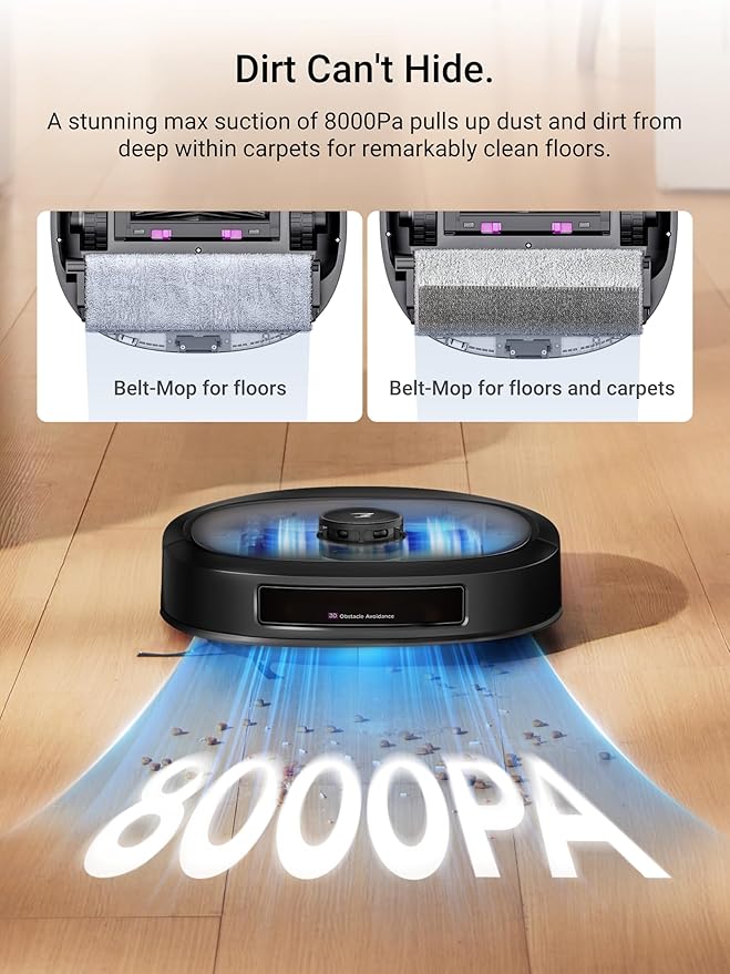 Eureka J20 Robot Vacuum Self Emptying, 8000Pa Suction, Auto Mop Washing & Hot Air Drying,3D Obstacle Avoidance, Cycling Belt-Mop Design