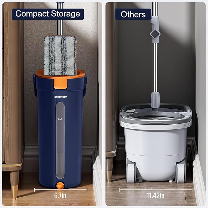 Mop and Bucket Set with Wringer, 3-Tank Flat Mop and Bucket System, Wall Mop Cleaner with Long Handle, Hands Free Mops for Floor Cleaning with 8 Microfiber Pads