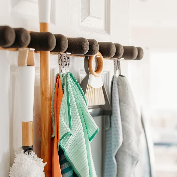 Full Circle Get A Grip, Wall-Mounted Mop and Broom Organizer, Lightweight Bamboo with Foam Pegs, Easy to Install Home Organization, Also Perfect for Garden Tools and Garage, Large