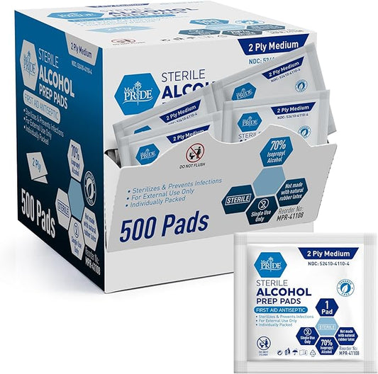 MED PRIDE Alcohol Prep Pads, Medical-Grade, Sterile, Individually-Wrapped, Medium Square Size, 2ply (500 Count (Pack of 1))