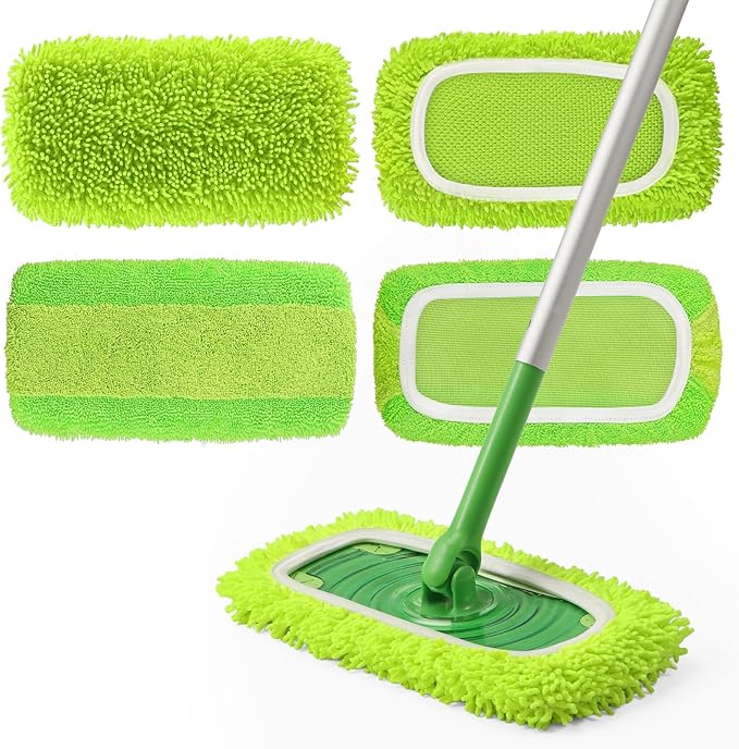 2-in-1 Reusable Microfiber Mop Pads Compatible with Swiffer Sweeper for Wet Mopping & Dry Sweeping, Two Types of Washable Heavy-Duty Mop Pad Refills for Multiple Floor Types Cleaning - 4Pcs, Green