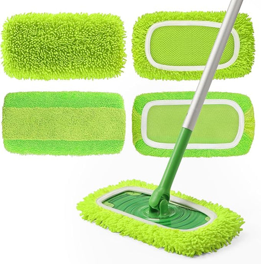 2-in-1 Reusable Microfiber Mop Pads Compatible with Swiffer Sweeper for Wet Mopping & Dry Sweeping, Two Types of Washable Heavy-Duty Mop Pad Refills for Multiple Floor Types Cleaning - 4Pcs, Green