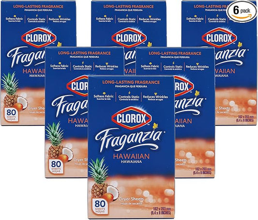 Clorox Fraganzia Fabric Softener Dryer Sheets, Hawaiian Scent - Wrinkle Reducing Scented Softening Laundry Dryer Sheets for Great Smelling Clothes, 80 Count - 6 Pack