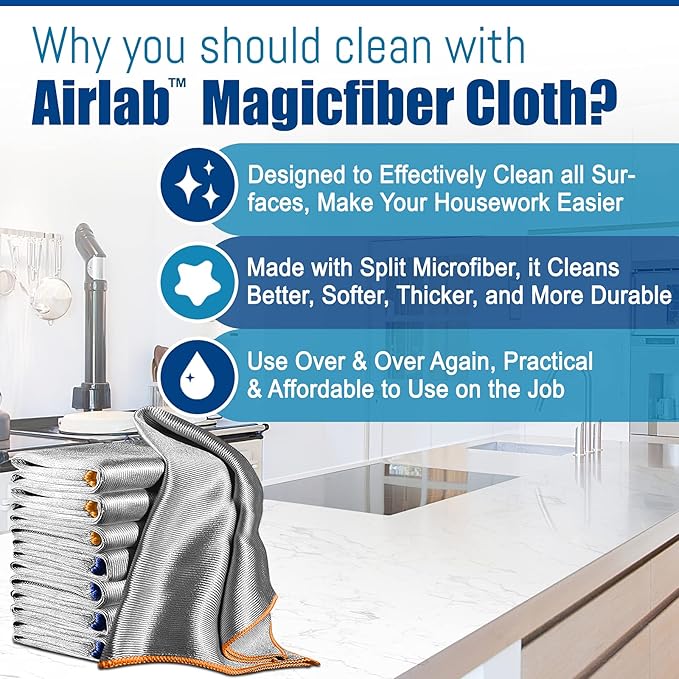 Airlab Streak Free Miracle Cleaning Cloth Easy Clean Pack of 8-12" x 16" Microfiber Dish Cloths Glass Polishing Lint Free for Kitchen Mirrors Wine Car