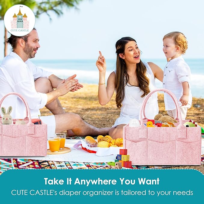 Cute Castle 2 Pack Diaper Caddy Organizer - Portable Baby Caddy Organizer with Handle, Nursery Storage Bin and Car Organizer for Girls, Boys - Baby Gift Basket - Pink