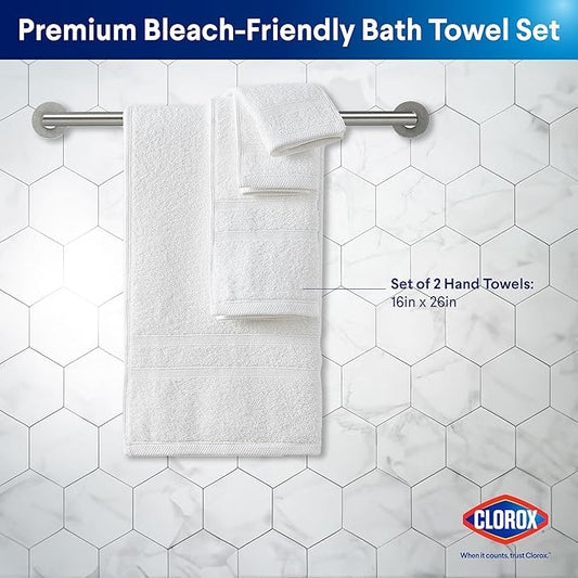 CLOROX Bleach Friendly Towels, Quick Dry, 100% Cotton Hand Towels (16" x 26"), Highly Absorbent Soft Lightweight, Ideal for Everyday Use, Easy to Wash (2 Pack, White)