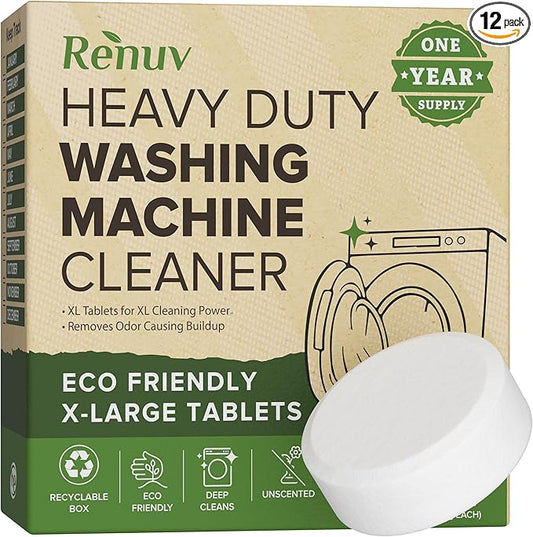 Renuv® Heavy Duty Washing Machine Cleaner and Descaler - Deep Cleaning Tablets For Front Load or Top Load Washer (12 XL Tablets - One Year Supply)