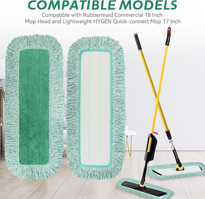 Commercial Products Dust Pad with Fringe for Rubbermaid 18” - 18 Inch Green Microfiber Dust Mop Refills Heavy-Duty Cleaning for Hardwood/Tile/Laminated Floors in Kitchen/Lobby/Office (6 Counts)