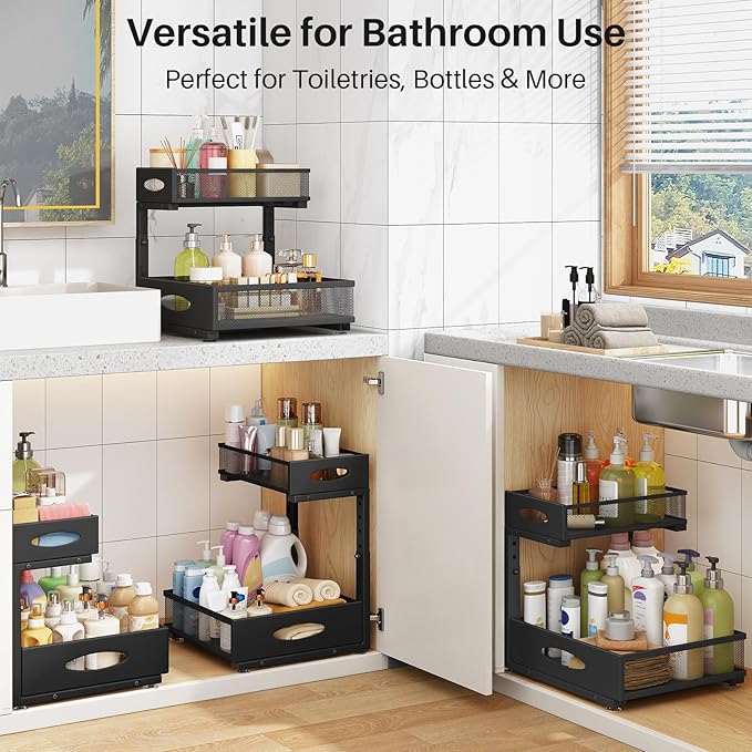 Under Sink Organizer, 2 Tier Pull Out Under Cabinet Organizer Shelf with Pad for Framed Cabinets, Metal Slide Out Under Sink Storage, Mesh Sliding Drawers for Kitchen Bathroom Laundry(Black, 1 Pack)