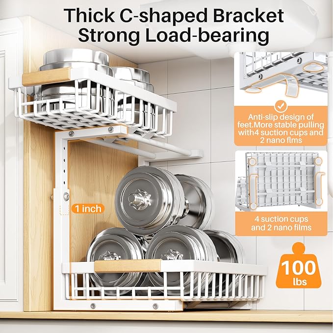 PXRACK 2 Pack Under Sink Organizer,Adjustable Height,2 Tier Pull Out Under Cabinet Organizer,Slide Out Thickened Metal Under Sink Storage for Kitchen Bathroom Laundry Cabinet Pantry,White(L)
