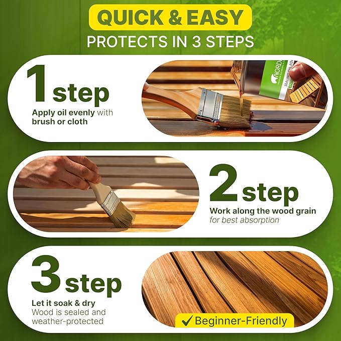 Nordicare Sealing Wood Oil for Outdoor Garden Furniture - Teak Oil for Wood Outdoor Furniture - Suitable for All Outdoor Types of Wood, for Wood Exterior Protection - Easy to Apply 16.9 Oz