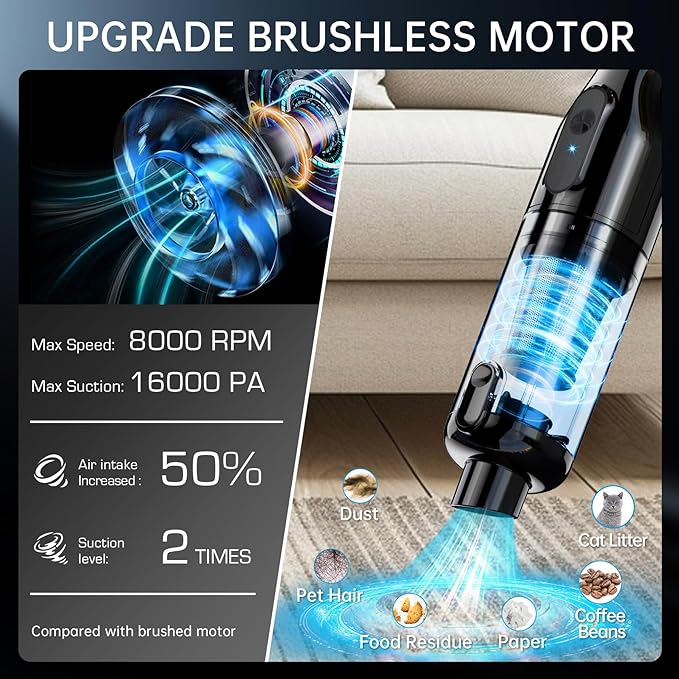 Handheld Vacuum Cordless, 16000Pa Powerful Suction, Lightweight at 1.3 lbs, Type-C Charge, Multiple Accessories, Rechargeable Car Vacuum Cleaners for Home Office Pet