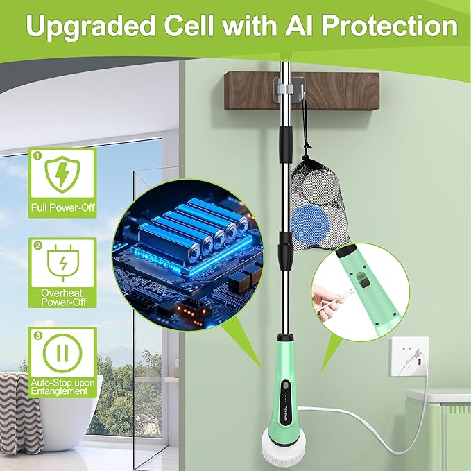 G2-Electric Spin Scrubber - IPX7 Waterproof 10-in-1 Shower Cleaner Brush, Retractable Handle & 2-Speed for Bathroom, Bathtub, Kitchen, Tile Floors