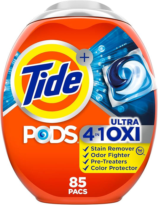 Tide 4-in-1 Ultra Oxi PODS Laundry Detergent Pacs, 85 Count, HE Compatible, Built in Pre-treater for Stains