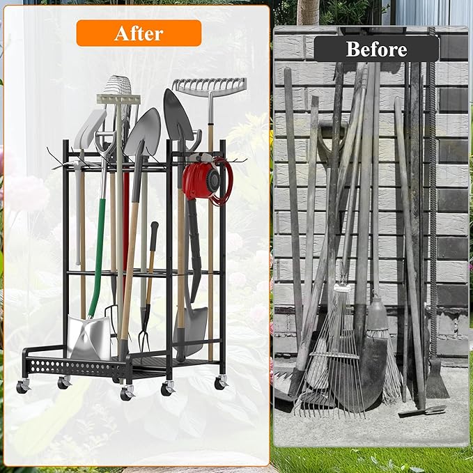 Garden Tool Organizer with Wheels, Heavy-Duty Steel Garage Tool Storage Rack, 360° Rotating Yard Tool Stand for Long-Handled Tools, Lawn Tool Holder for Shovels Rakes Mops Brooms