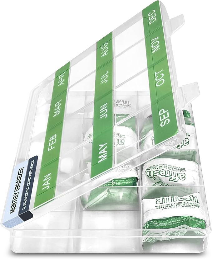 Monthly Reminder Organizer for Cleaning Tablets, 12 Labeled Compartments for Washing Machine, Dishwasher, Drain Disposal and Coffee Machine Cleaner Pods Holder