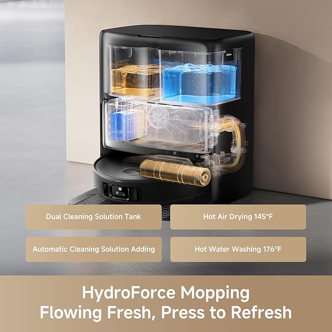 Mova Z60 Ultra Roller Complete Robot Vacuum and Mop, 28,000Pa Suction, 3.14in Obstacle Crossing, AutoShield for Carpet Protection, Zero Tangling Duobrush, Extendable Roller & Side Brush