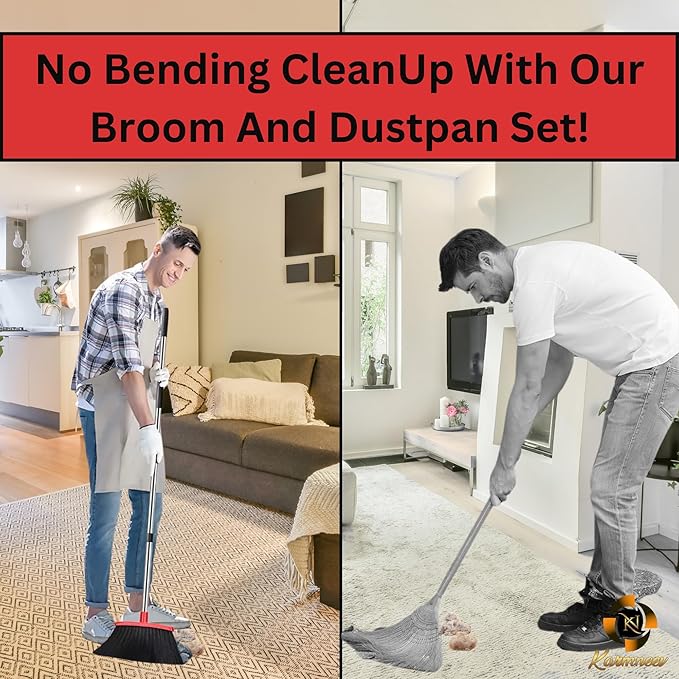 Standing Broom and Dustpan Set, Built-in Scraper Teeth, No-Slip Grip, Dust Collection Tray for Home, Office, Lobby, and Outdoor, Adjustable Handle from 38.18" to 52" (Black and Red)