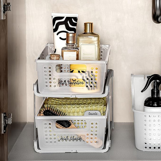 madesmart Premium 2 Tier Organizer, Under Cabinet Storage with Pull Out Sliding Drawers, for Cleaning Supplies, Undersink, Sponges, Bottles & Bath, Adjustable Dividers & Pull Out Baskets, Frost
