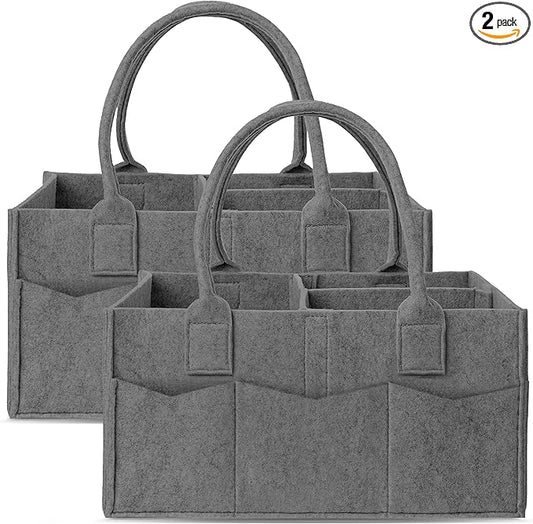 Cute Castle 2 Pack Diaper Caddy Organizer - Portable Baby Caddy Organizer with Handle, Nursery Storage Bin and Car Organizer for Girls, Boys - Baby Gift Basket - Dark Grey, Large