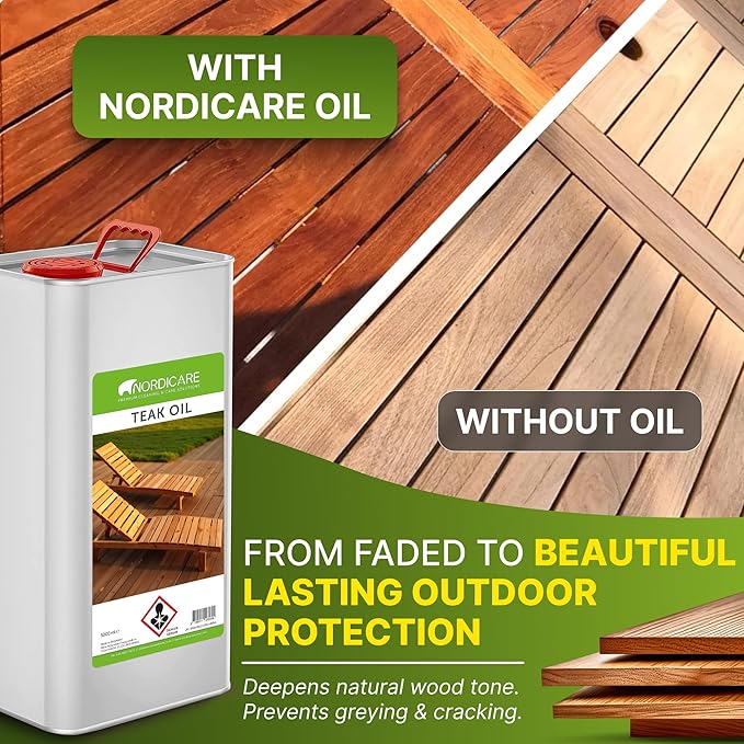 Nordicare Sealing Wood Oil for Outdoor Garden Furniture - Teak Oil for Wood Outdoor Furniture - Suitable for All Outdoor Types of Wood, for Wood Exterior Protection - Easy to Apply 170 Oz