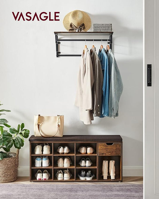 VASAGLE CUSTOS Collection - Storage Bench, Entryway Bench with Cushion, Drawer and Open Compartments, Bench with Storage, Living Room, Bedroom, Closet, Rustic Brown and Chestnut Brown ULHS024T01