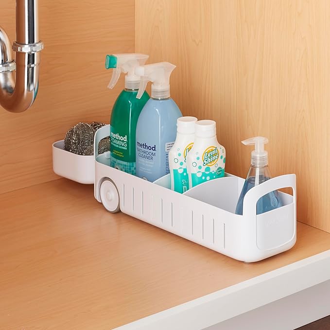 YouCopia RollOut Caddy Rolling Storage Bin with 2 Adjustable Dividers and Removable Basket for Kitchen and Bathroom Under Sink Organization, 5" Wide