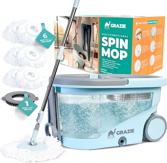 Spin Mop and Bucket with Wheels Wringer 360 Microfiber Mop with Stainless Steel Handle Self Wringing Cleaning System Bucket with Drain for Tile Hardwood Laminate Floors Includes 6 Mop Head Refills
