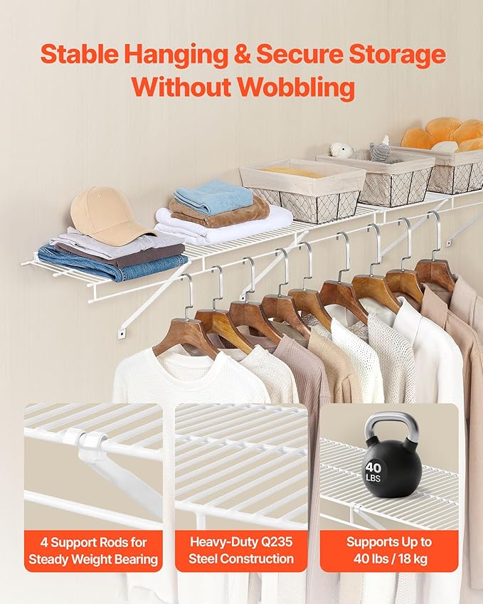 VEVOR Wire Shelf Kit, 4 ft, Set of 2, Wall Mounted Wire Shelves, Heavy-Duty Carbon Steel Hanging Shelf, Floating Wall Storage Shelves with Dip Coating, for Closet, Bedroom, Living Room, Office, Pantry