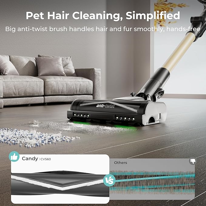 Candy Cordless Stick Vacuum, 650W/250AW Powerful Suction, 100min Runtime, Flexi-Fold Tube, Floor Direction Sensing, LED Headlights, Stick & Handheld Vacuum for Hard Floor, Carpet & Pet Hair, CVS60