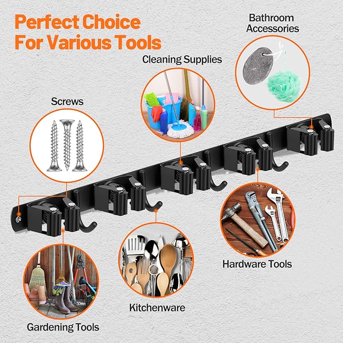 Broom Holder Wall Mount, Broom Organizer Wall Mount Stainless Steel Mop and Broom Holder Wall Mounted Heavy Duty Broom Hanger Storage Rack 5 Rack 4 Hooks Black