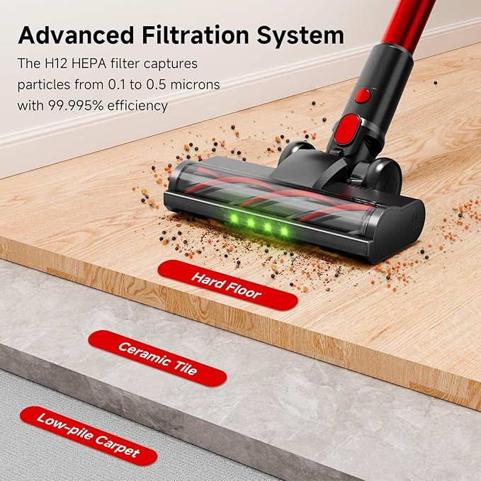 Cordless Stick Vacuum Cleaner, 38Kpa Powerful Suction Vacuum Cleaner with LED Headlight, Detachable Battery, 8-in-1 Lightweight Handheld Vacuums for Pet Hair Carpet and Hardwood Floor, Red