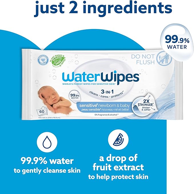 WaterWipes Sensitive+ Newborn & Baby Wipes, 3-In-1 Cleans, Cares, Protects, 99.9% Water, Unscented & Hypoallergenic, 1440 Count (24 Packs)