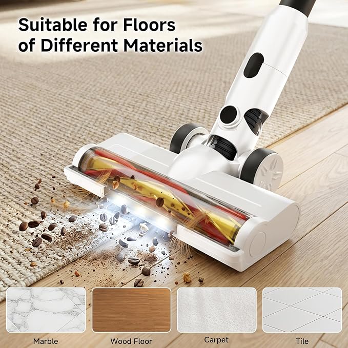 Cordless Vacuum Cleaner for Home - Lightweight, Stick Vacuum Clean with Rechargeable Battery, Max 45Mins Runtime, 8 in 1 Handheld Vacuum for Hardfloor & Carpets Pet Hair, White&Yellow