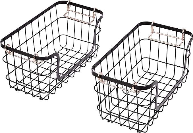 Amazon Basics Stackable Metal Wire Rectangular Storage Baskets for Kitchen, Bathroom or Pantry Organizing, 2 Count, Black