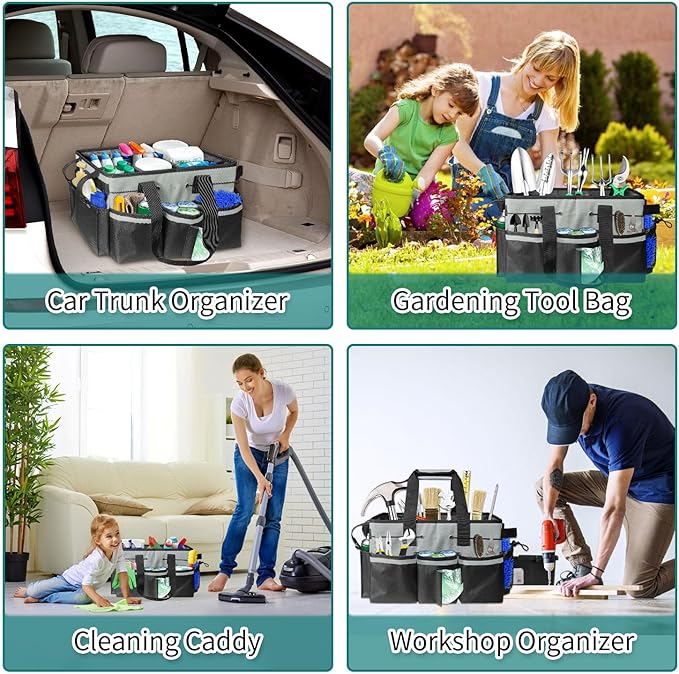 Cleaning Bags for Housekeepers, Large Cleaning Supplies Organizer with Handles & Shoulder Strap, Cleaning Caddy Bag with Foldable Divider for Cleaners, Car Horse Cleaning Bag(Grey)