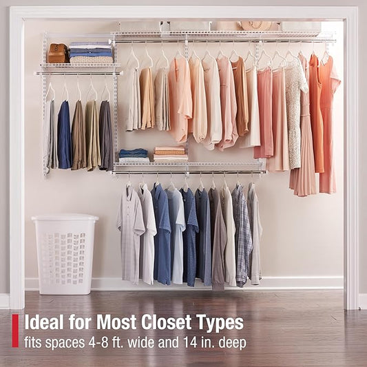 Rubbermaid Configurations Custom Closet Kit 4-8 Ft. Adjustable Metal Wire Shelving White Finish Expandable Organization System Hardware Included for Home Closet/Pantry/Laundry/Mudroom