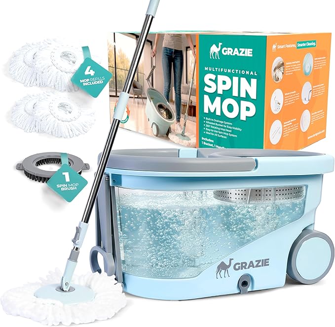 Spin Mop and Bucket with Wheels Wringer 360 Microfiber Mop with Stainless Steel Handle Self Wringing Cleaning System Bucket with Drain for Tile Hardwood Laminate Floors Includes 4 Mop Head Refills
