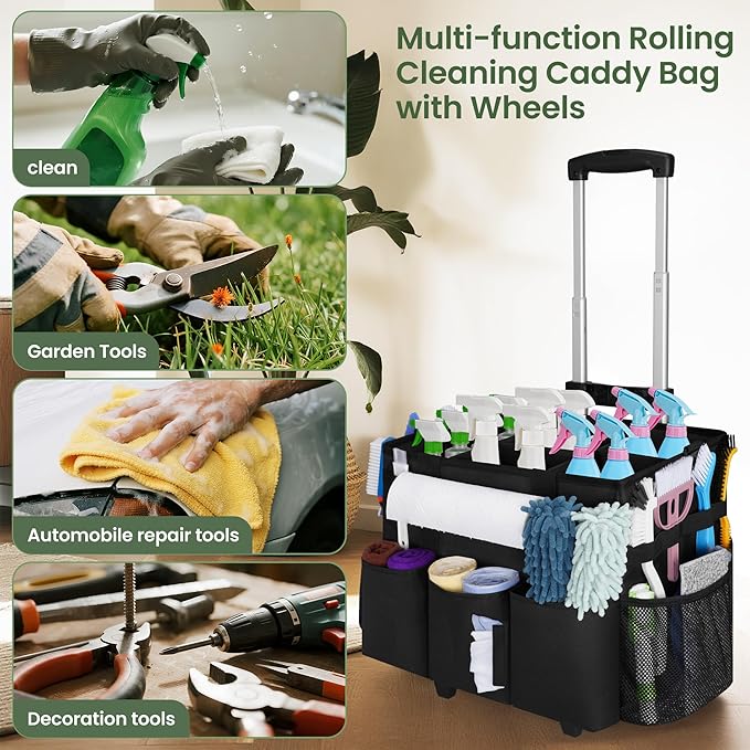 Large Rolling Cleaning Caddy with Detachable Trolley, Cleaning Supply Organizer Bag with Wheels & Multi-Pockets, Water-Resistant Cleaning Cart on Wheels for Housekeeping, Cleaner