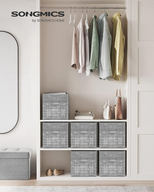 SONGMICS Storage Cubes, 11.8-Inch Non-Woven Fabric Bins with Double Handles, Set of 6, Closet Organizers for Shelves, Foldable, for Clothes, Cattail Gray UROB030G01