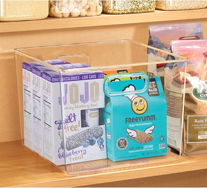mDesign Plastic Modern Kitchen, Pantry Food Storage Container Bin w/ Handles - Cabinet, Fridge/Freezer, Countertop Organizer - Snacks/Drink/Appliances; Ligne Collection, Clear, 10x10x7.75 (Pack of 1)