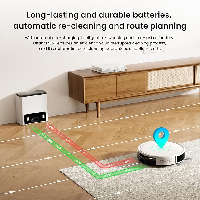 Lefant M350 Robot Vacuum and Mop Combo, 40-Day Self-Emptying, 190° PSD Obstacle Avoidance,6000Pa Suction，Quiet,Smart Navigation,Self-Charging, for Hard Floor, Carpet, Pet Hair,150 Min Runtime.White